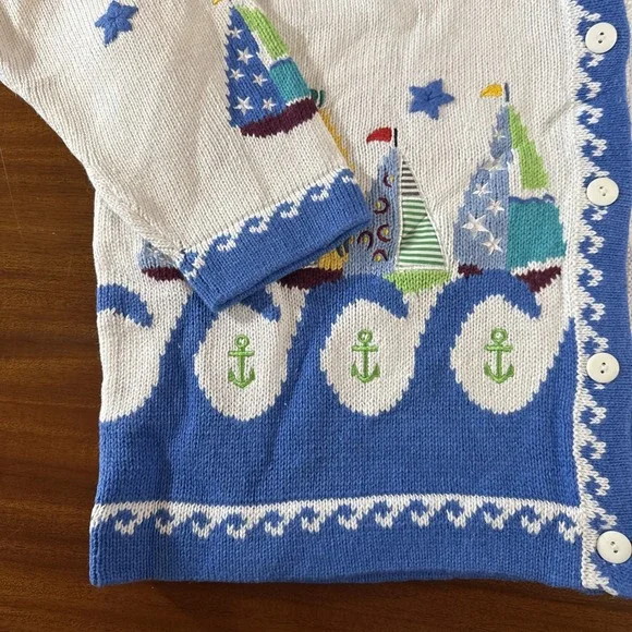 Quacker Factory Sweater L Cardigan Sailboats Nautical Anchors NWT Vintage Granny - Picture 2 of 9